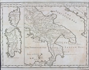 Kaart van Zuid-Italië, Corsica en Sardinië bekend in de Oudheid als Groot-Griekenland of Magna Graecia, begin 18e eeuw